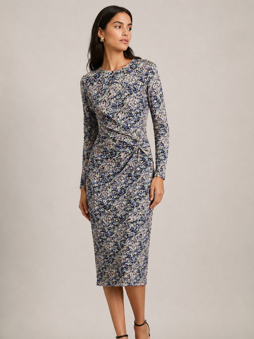 Reiss Multicolor Ruched Long-Sleeve Dress